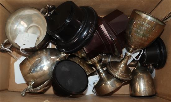 Six silver trophy cups and a specimen vase.